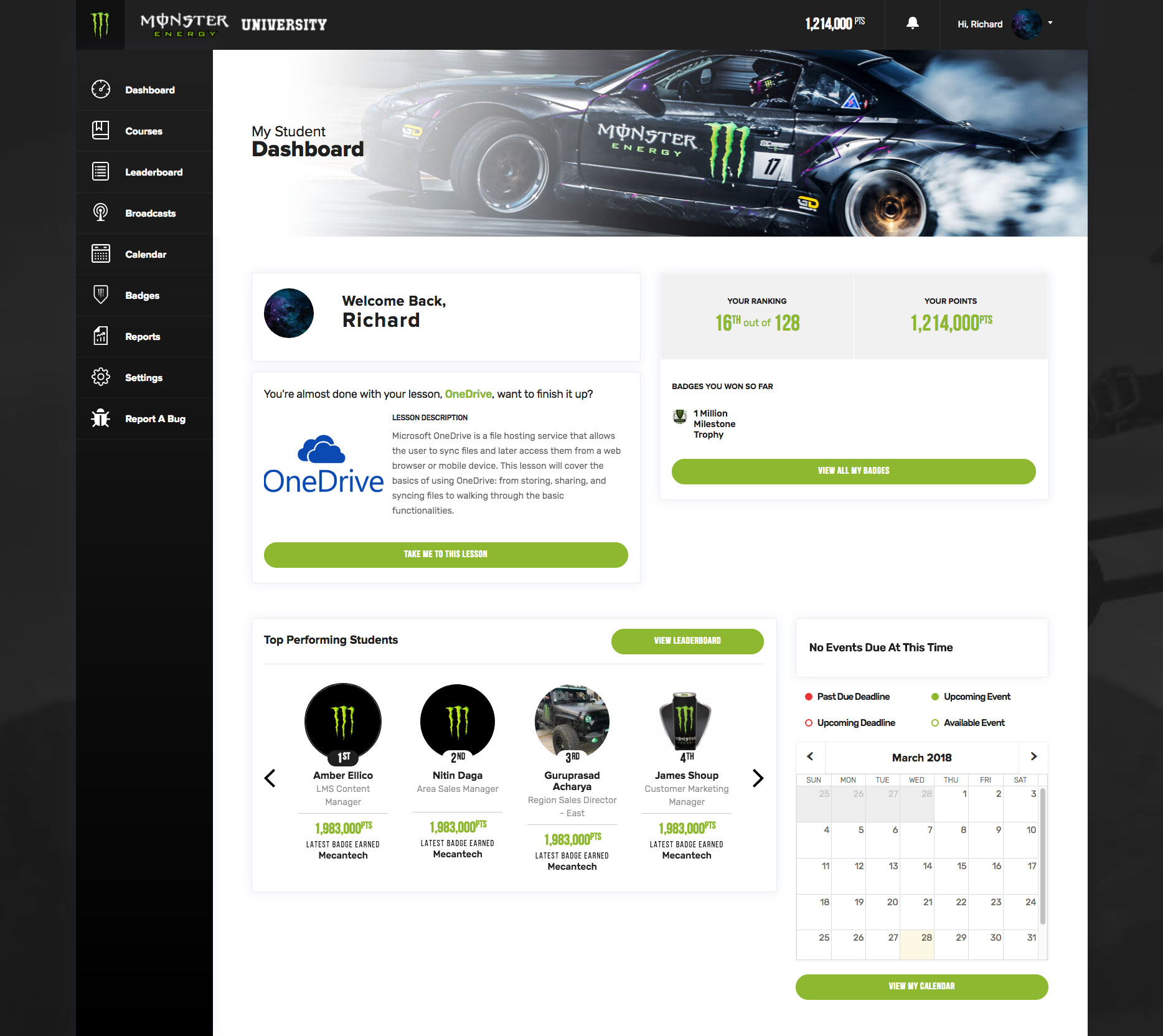 Monster Energy University Dashboard, interactive website, Ekko Media web design, video production and marketing