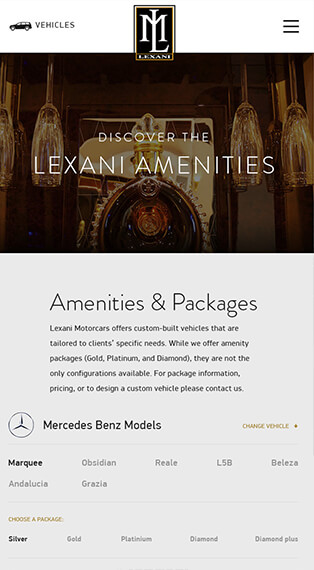 Lexani Motorcars amenities page, interactive website, Ekko Media web design, video production and marketing