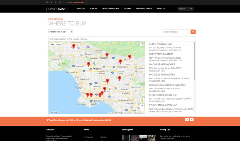 PowerBass Audio Dealer Locator, interactive website, Ekko Media web design, video production and marketing
