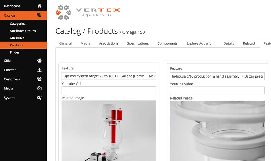 Vertex Aquaristik Admin tool interactive website, Ekko Media web design, video production and marketing